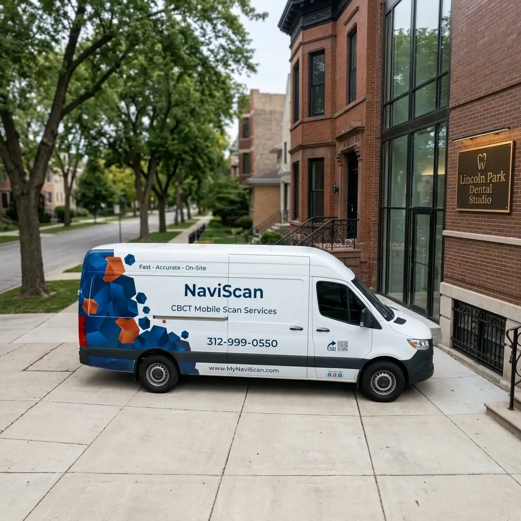 MyNaviScan mobile CBCT van parked outside a Lincoln Park dental clinic in central Chicago