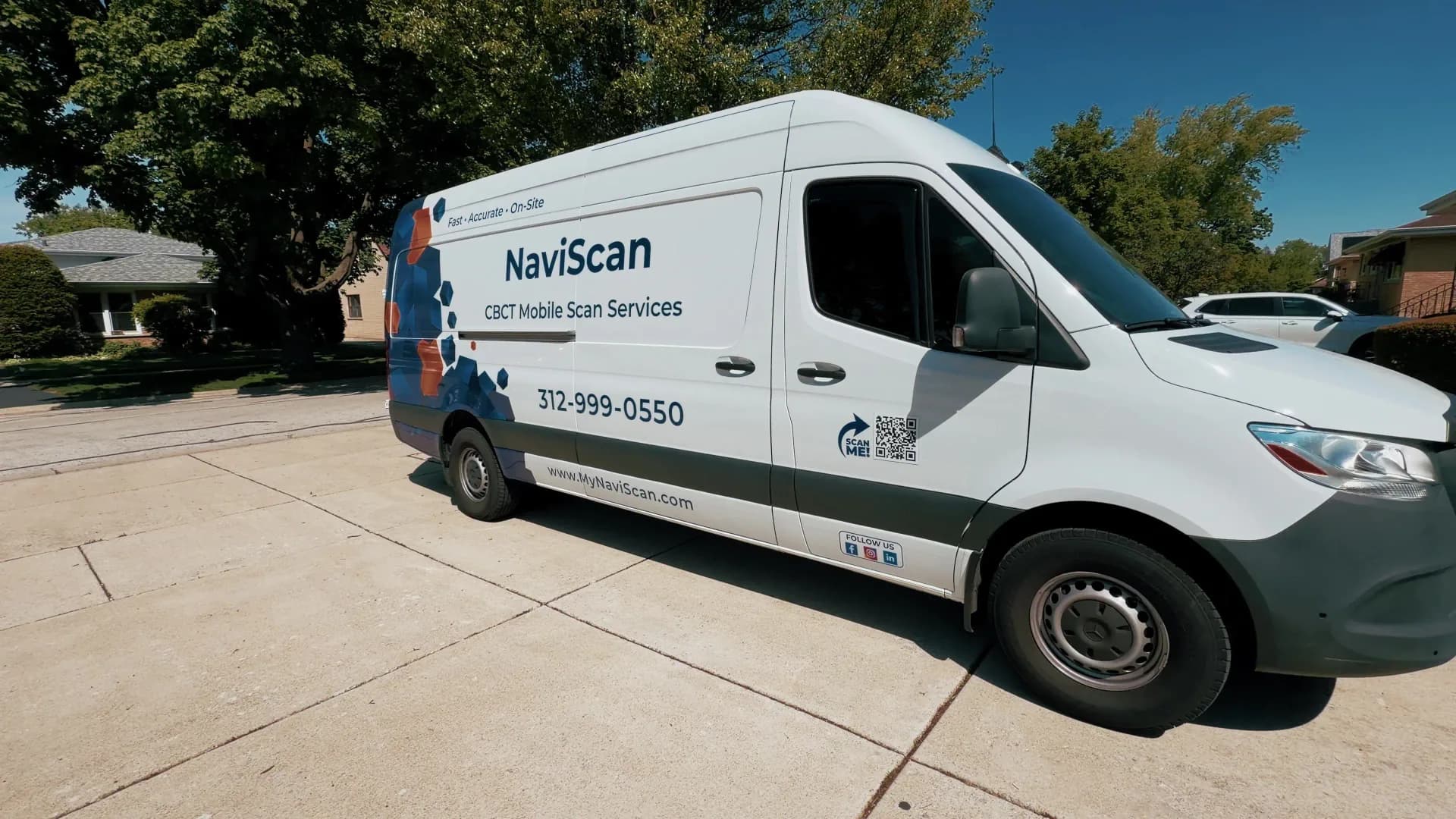 MyNaviScan Mercedes-Benz Sprinter mobile CBCT imaging suite parked at a Chicago dental clinic